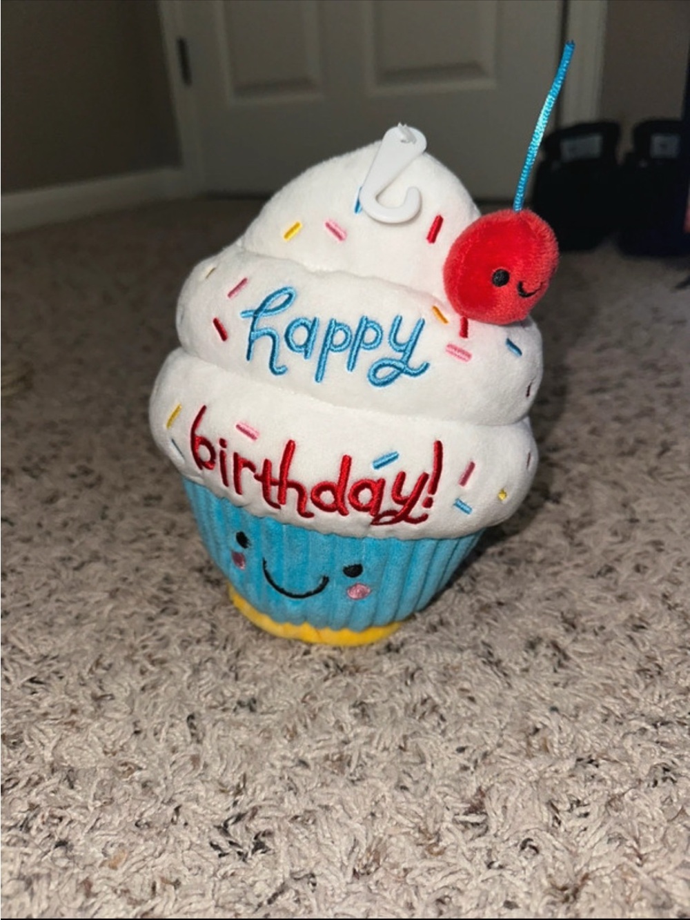 Blue Cupcake 'Happy Birthday' Plush Cake Topper with Red Cherry